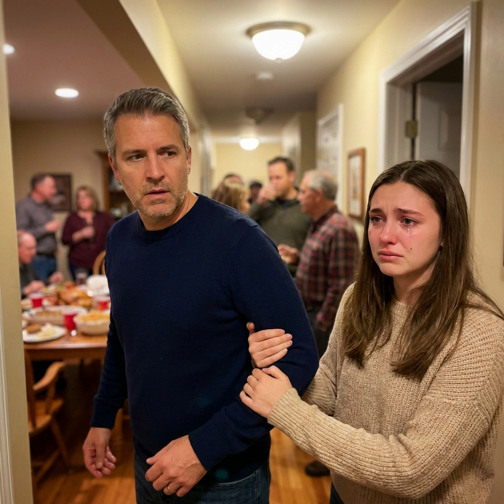 Daughter pulling her father into hallway during Thanksgiving dinner