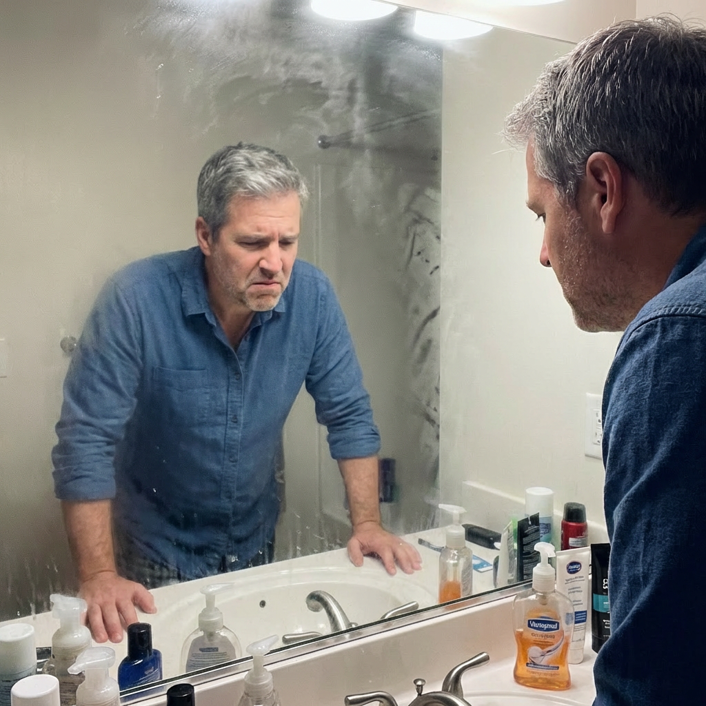 Man at bathroom sink looking in mirror with shame after scrubbing