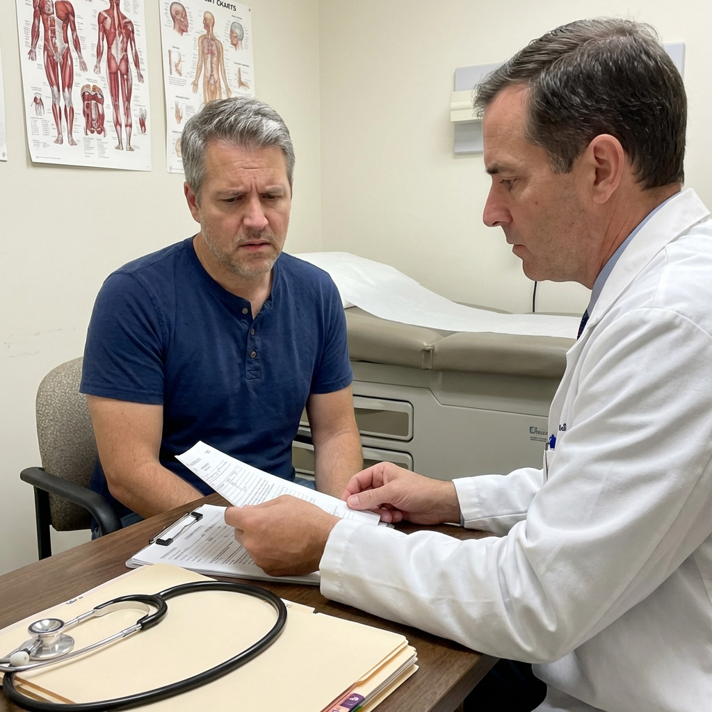 Man sitting across from doctor in medical office, serious conversation