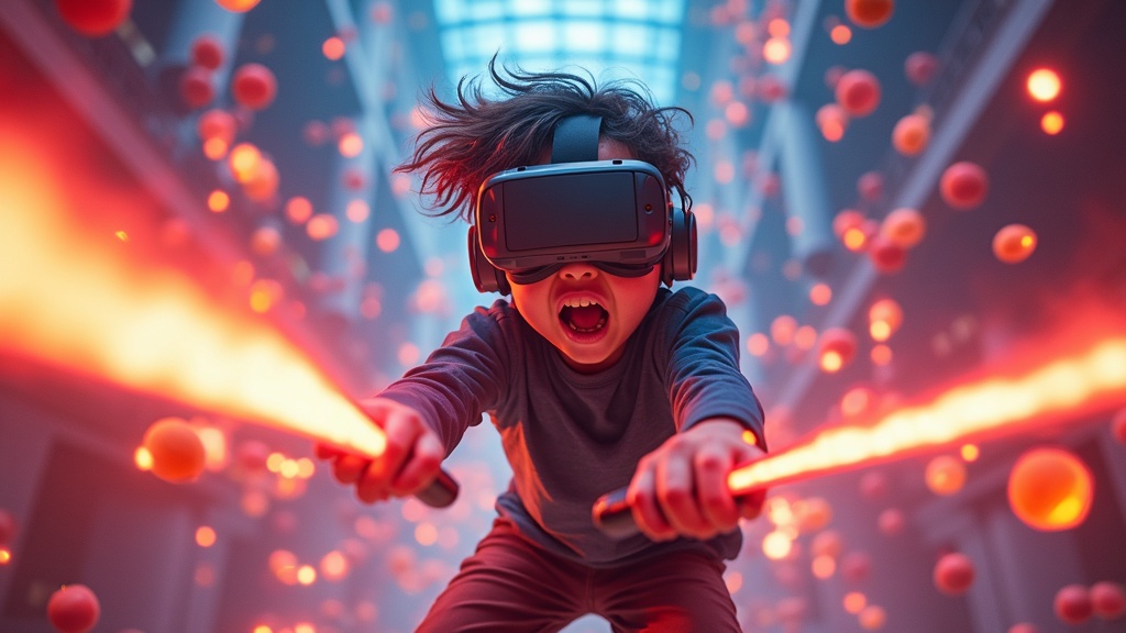Jugador concentrado durante una partida de Fruit Ninja VR en Virtua Barcelona.