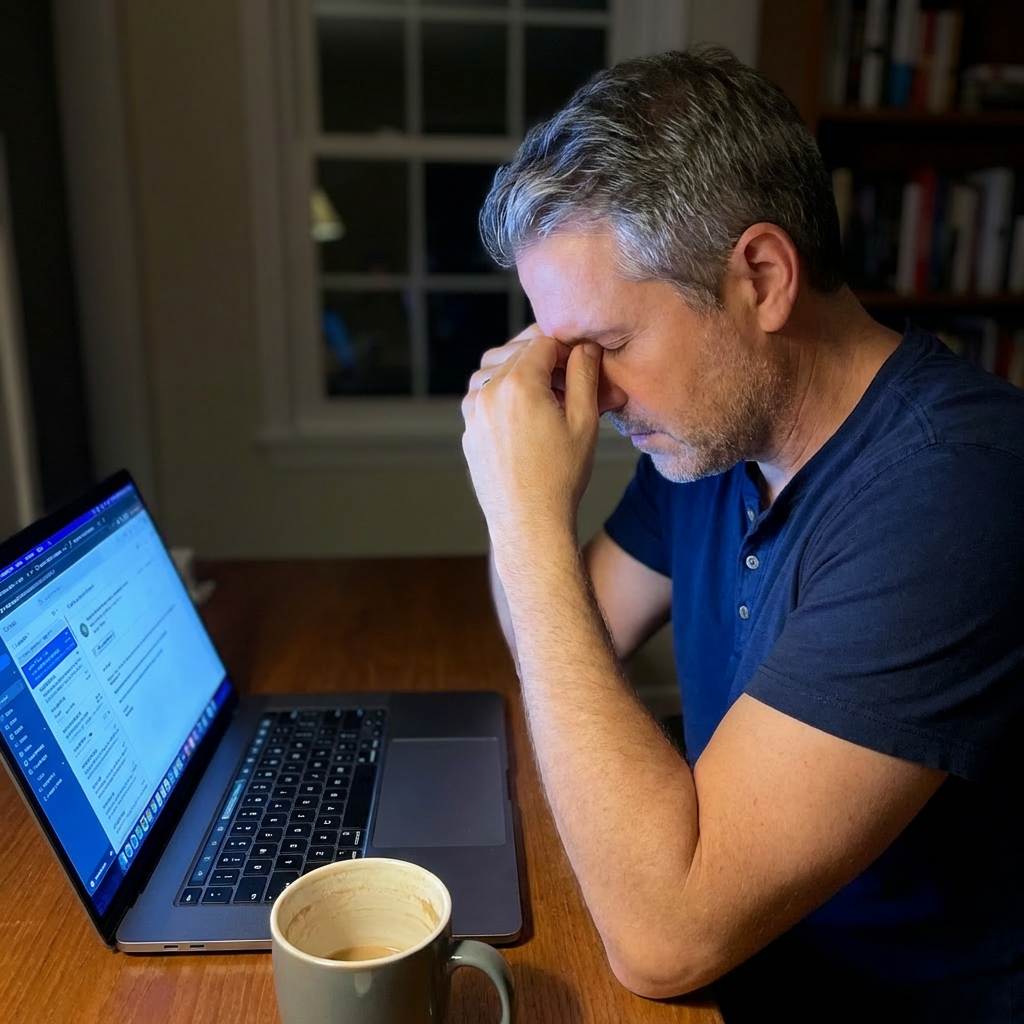 Man sitting at desk at 3AM, head in hands, exhausted from insomnia