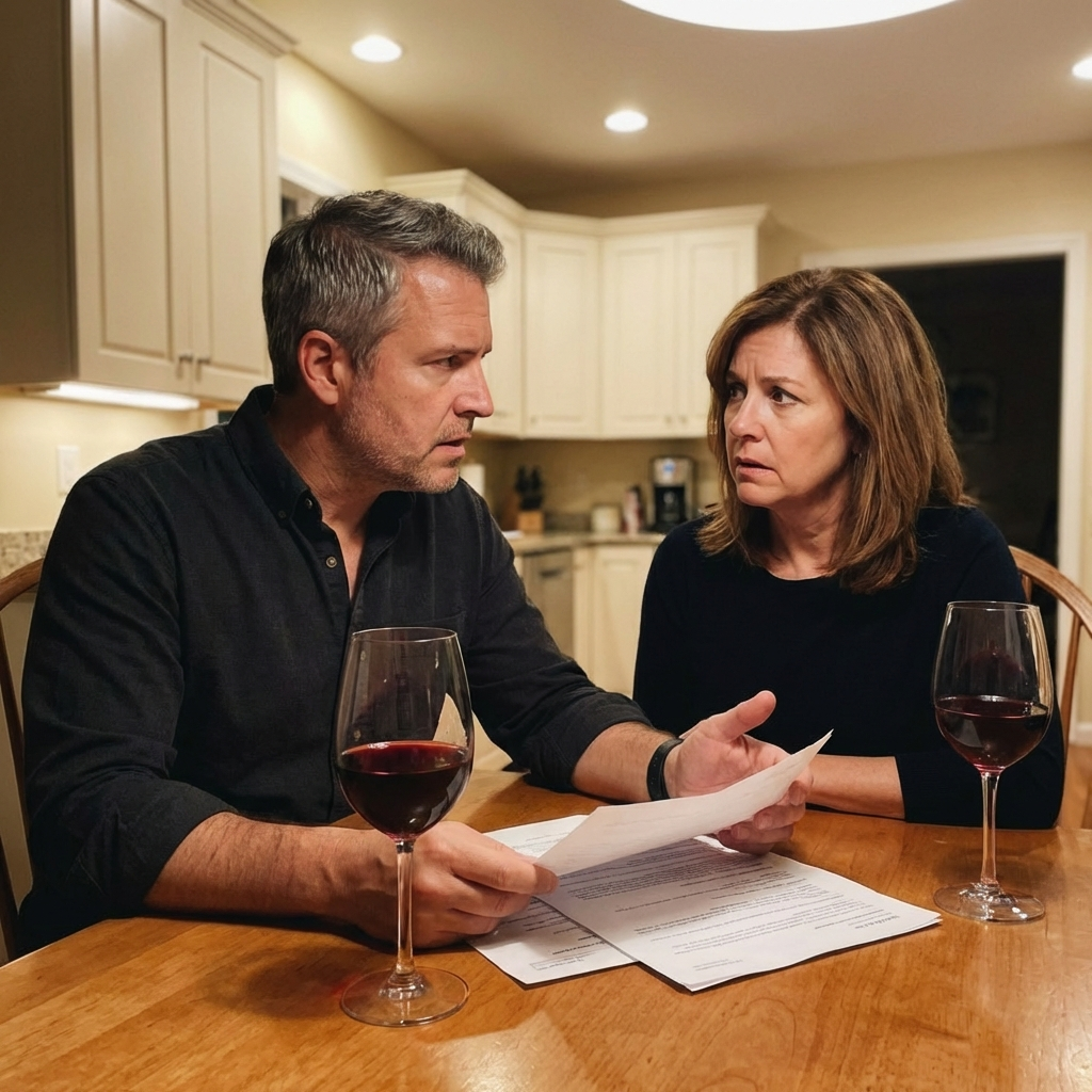 Couple at kitchen table having serious conversation, wine glasses visible