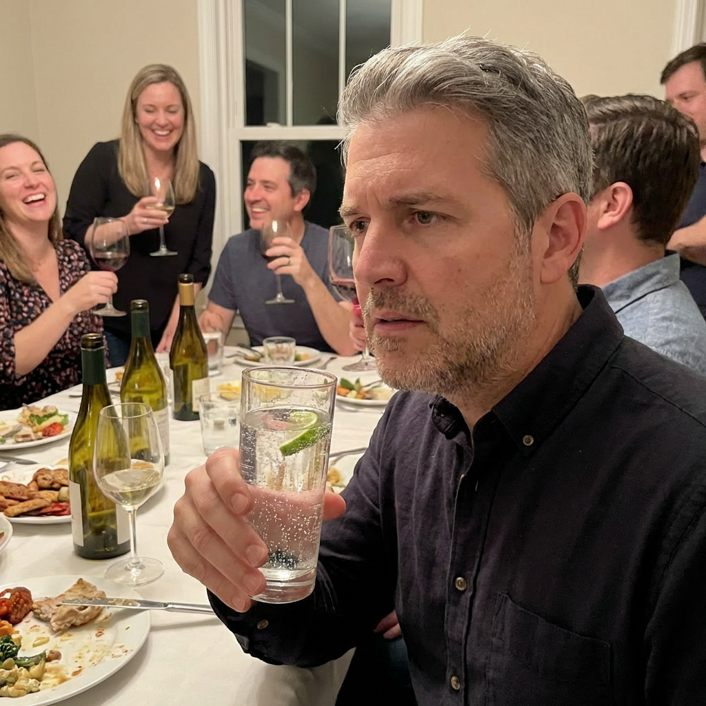 Couple at dinner party looking isolated holding sparkling water while others drink wine