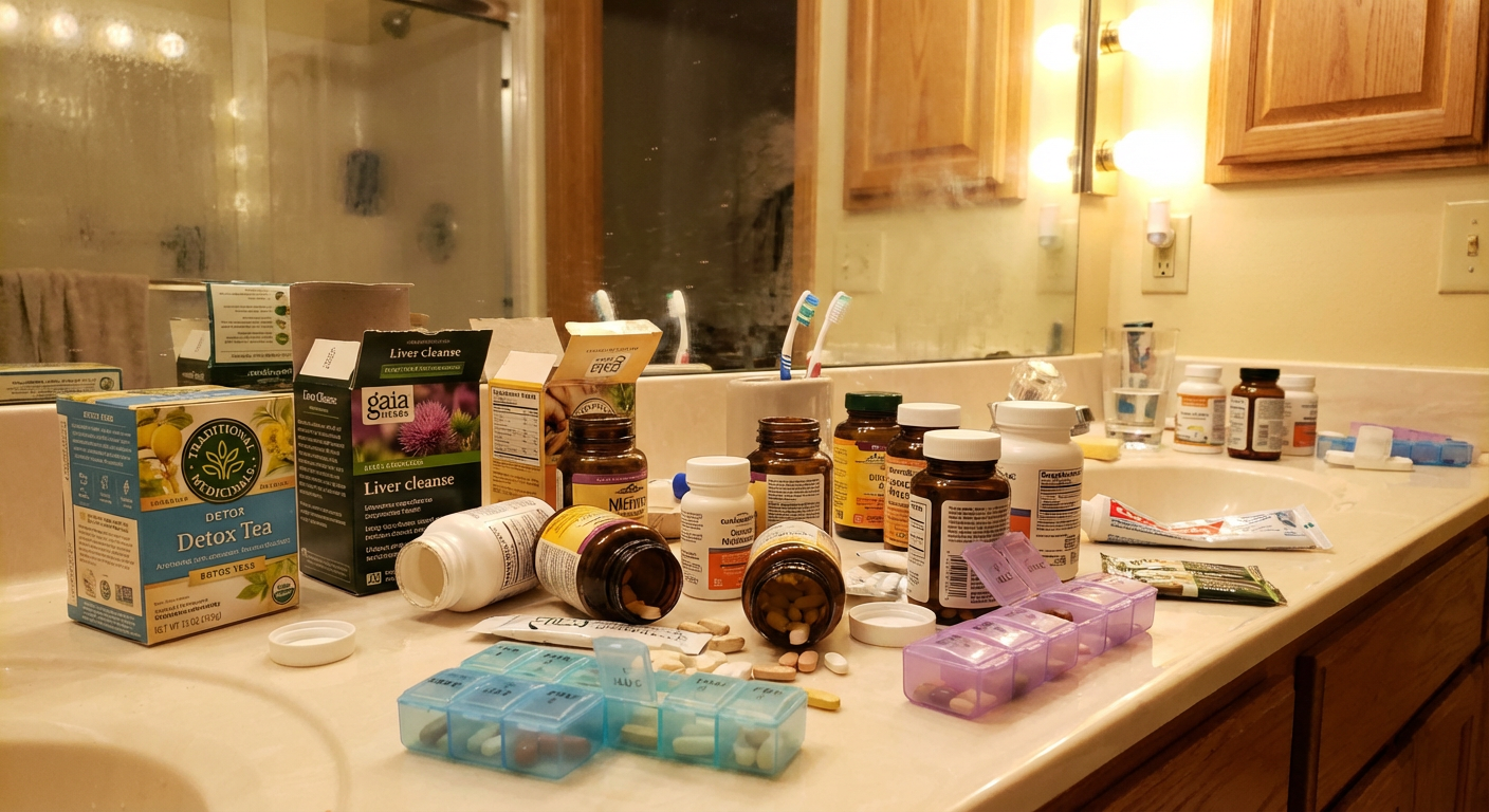 Bathroom counter cluttered with supplement bottles, detox teas, and liver cleanse packages