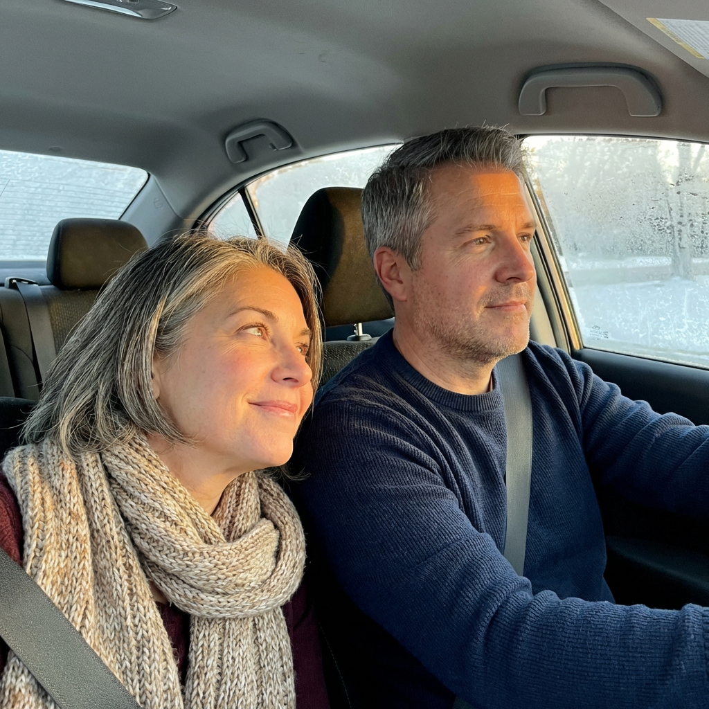 Couple driving in car with windows closed, wife looking warmly at husband
