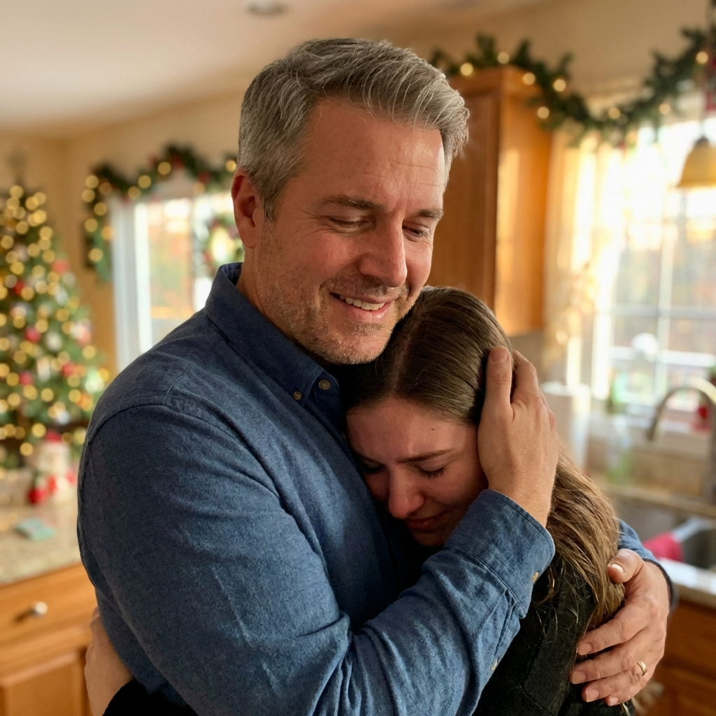 Young woman hugging her father in kitchen during Christmas, emotional moment