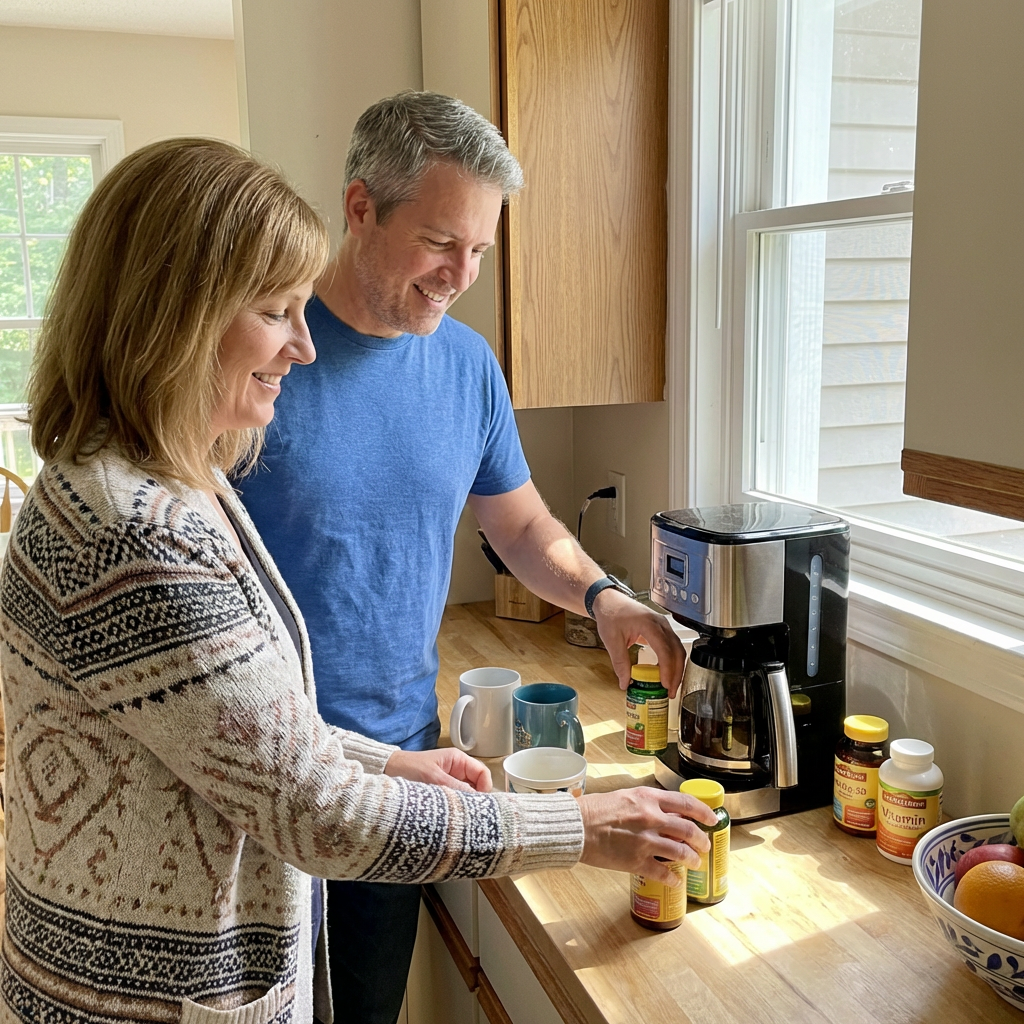 Couple in bright kitchen reaching for supplement bottles next to coffee maker