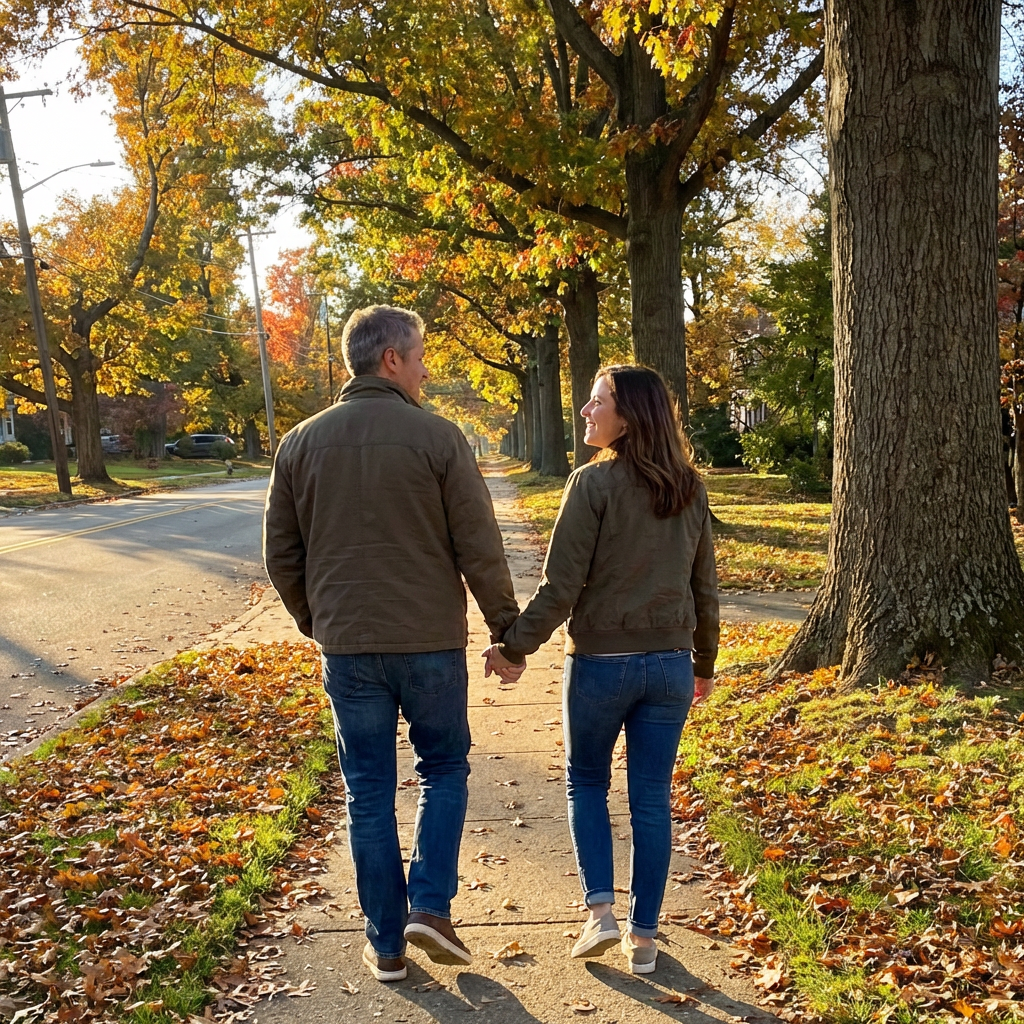 Middle aged couple walking hand in hand down tree-lined street in autumn