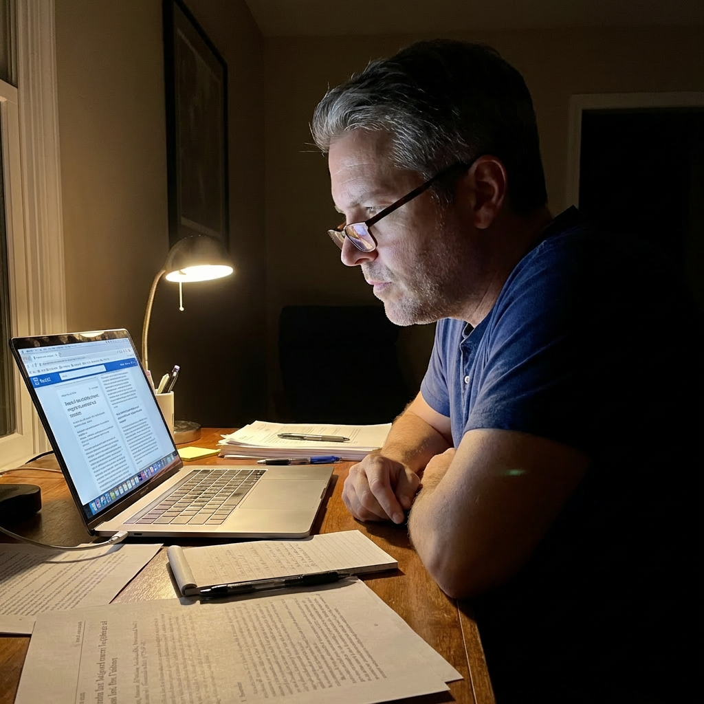 Man at desk late at night researching on laptop, papers scattered, reading glasses