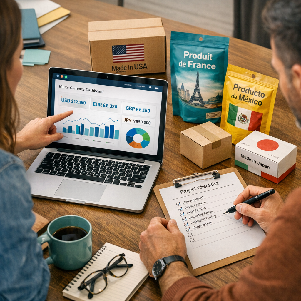 How To Sell Products Internationally Online: A Step-By-Step Guide Close-up photorealistic image of a small team collaborating around a table with a laptop showing a multi-currency dashboar...