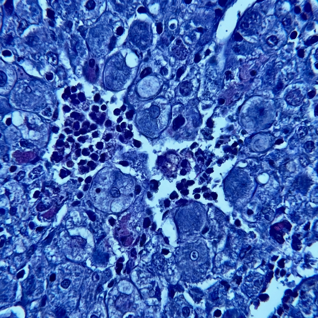 Medical imaging scan showing liver tissue with signs of inflammation, clinical blue-purple color palette