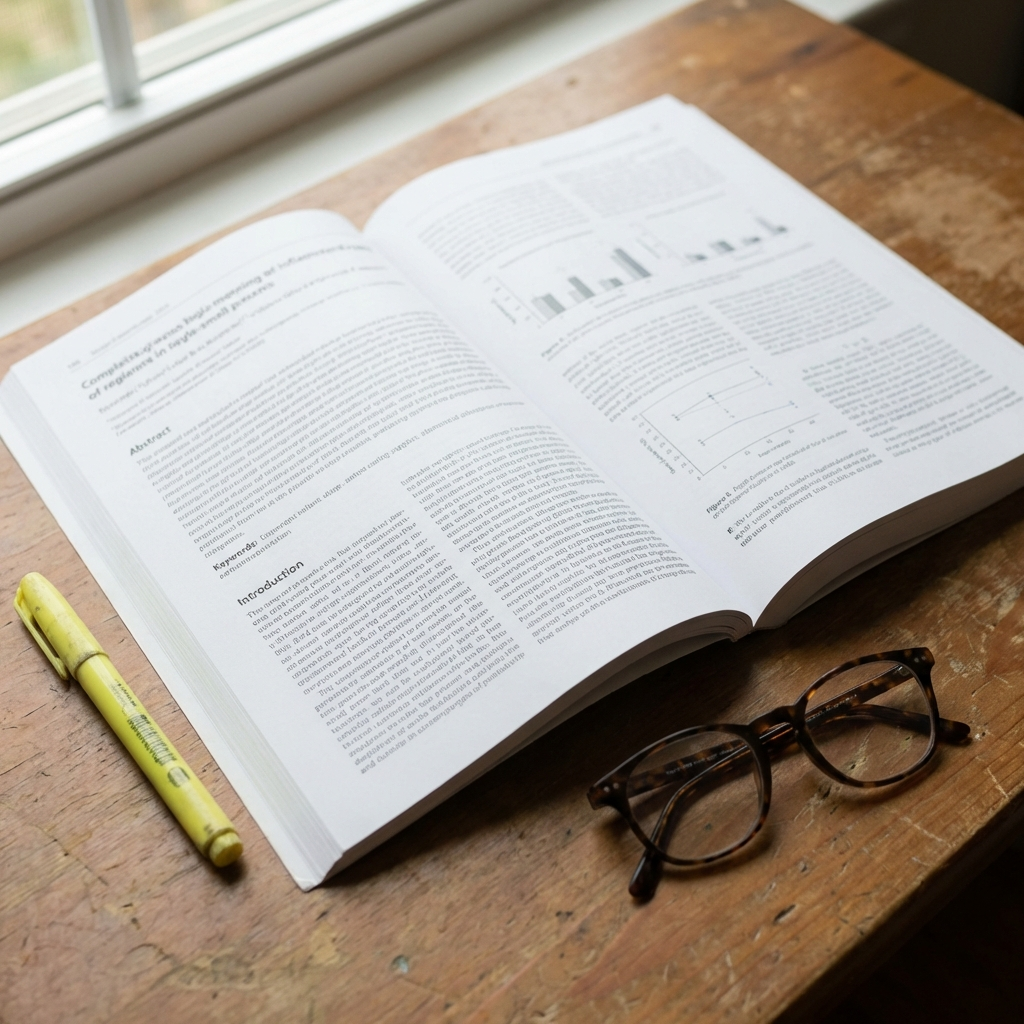 Medical research paper spread open on desk with highlighter and reading glasses, slightly blurred text, overhead angle