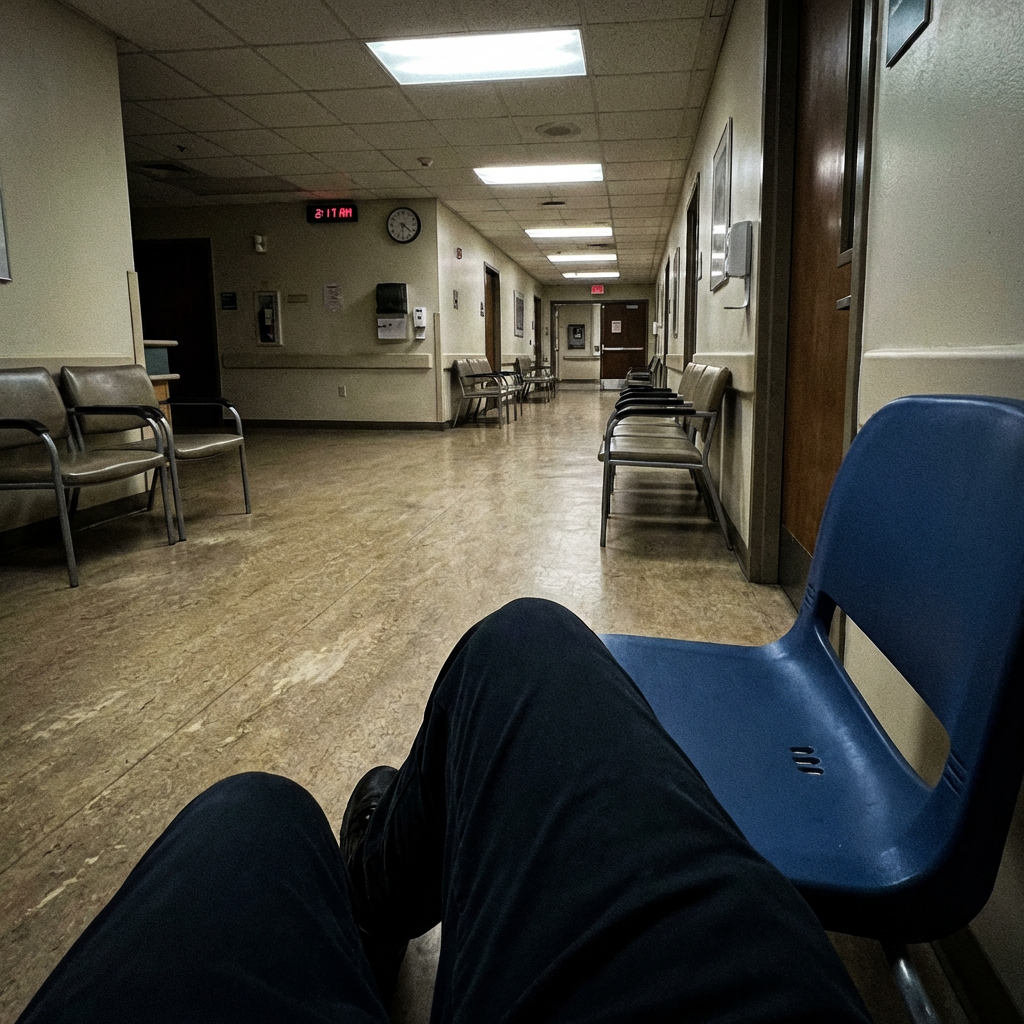 Hospital emergency room waiting area from perspective of someone sitting in chair, fluorescent lighting, sterile environment