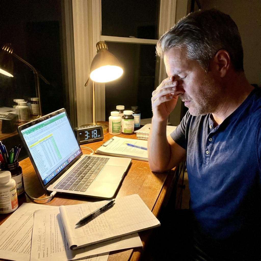 My home office late at night, desk surrounded by papers, open laptop, supplement bottles and notebooks, illuminated by desk lamp