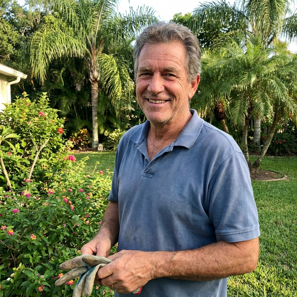 Photorealistic portrait of an ordinary happy American man in his 60s, outdoors in a backyard, natural lighting