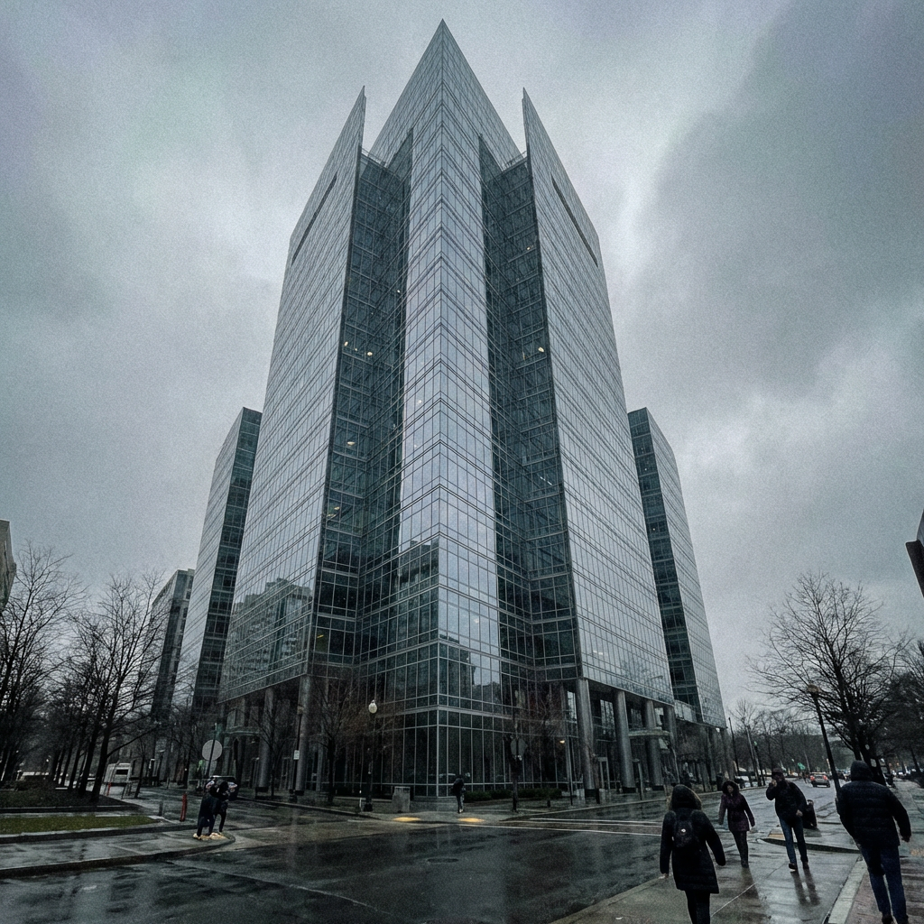 Massive pharmaceutical corporate headquarters building, glass and steel, shot from low angle, overcast sky, cold and imposing