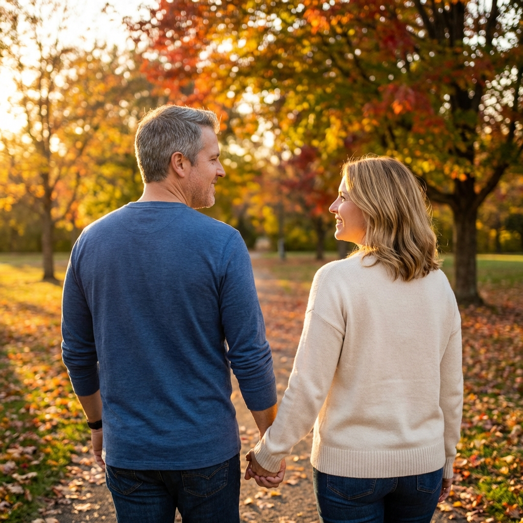 Older American couple walking together in a park at golden hour, holding hands, seen from slightly behind, warm late afternoon sun