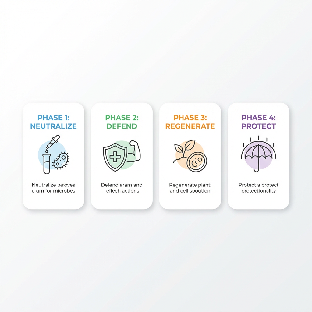 Clean infographic showing 4 phases of Cloud9 Daily Restore: Neutralize, Defend, Regenerate, Protect, with simple icons