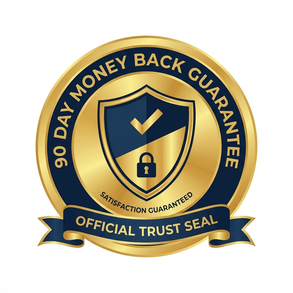 90-Day Money-Back Guarantee badge, circular shield shape, gold and navy color scheme, professional and trustworthy design