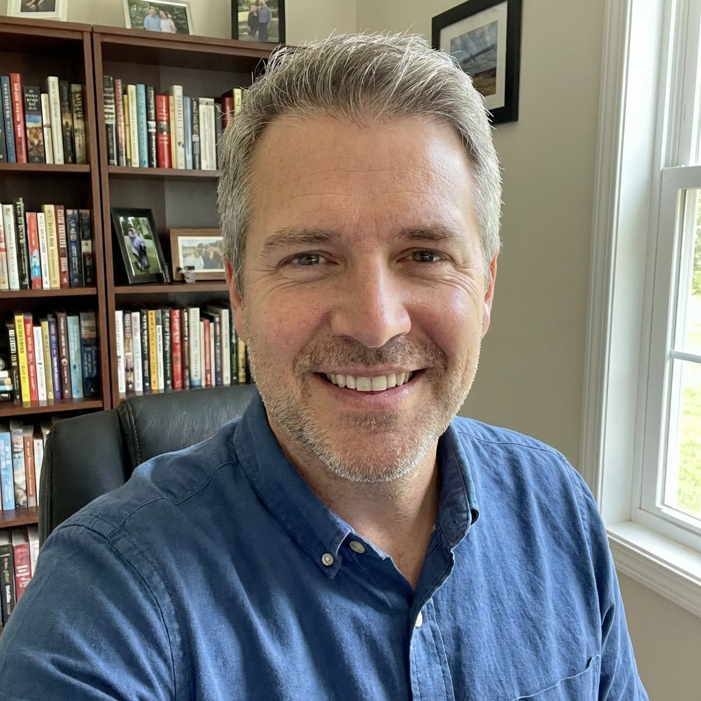Me looking directly at camera, warm and trustworthy expression, casual professional setting with bookshelves