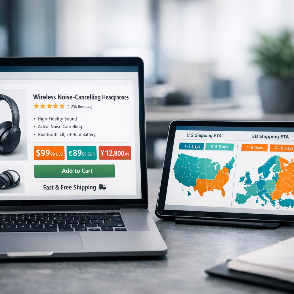 Photorealistic mid-article scene showing a close-up of a laptop screen with an optimized product listing, localized price ...