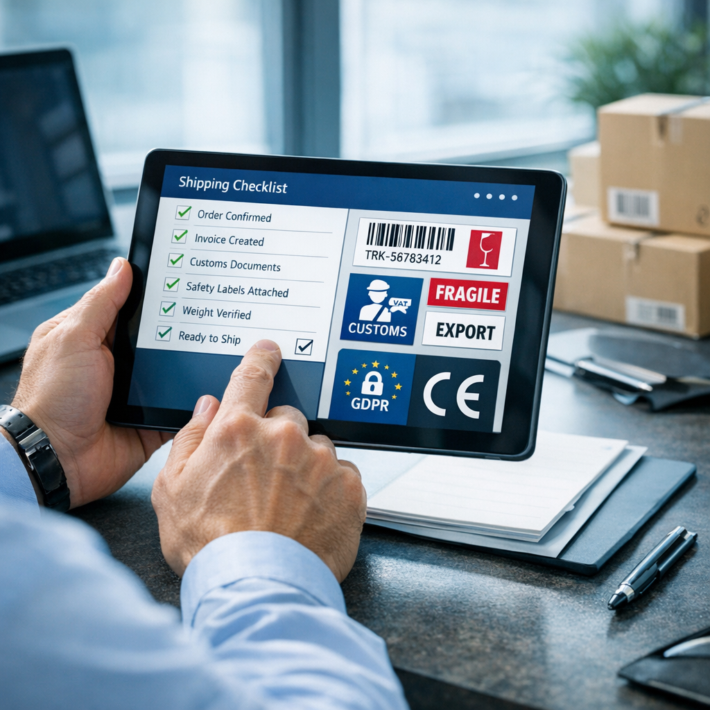 Cross Border Ecommerce Compliance Checklist: 11-Step EU Ready Guide Photorealistic mid-shot of a logistics manager at a clean modern desk, tablet in hand displaying an interactive checklist ...