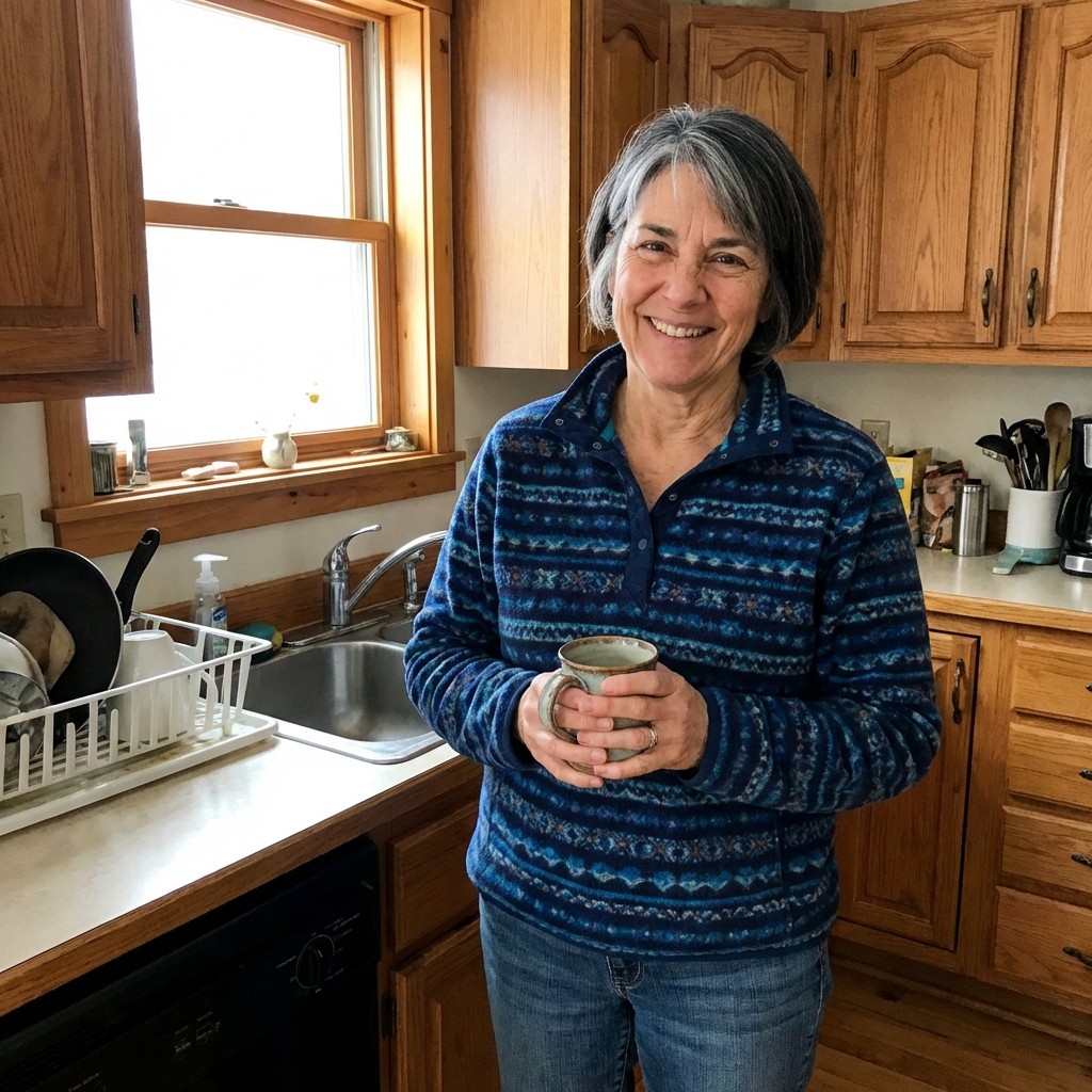 Photorealistic portrait of an ordinary happy American woman in her late 50s, standing in a kitchen, natural lighting