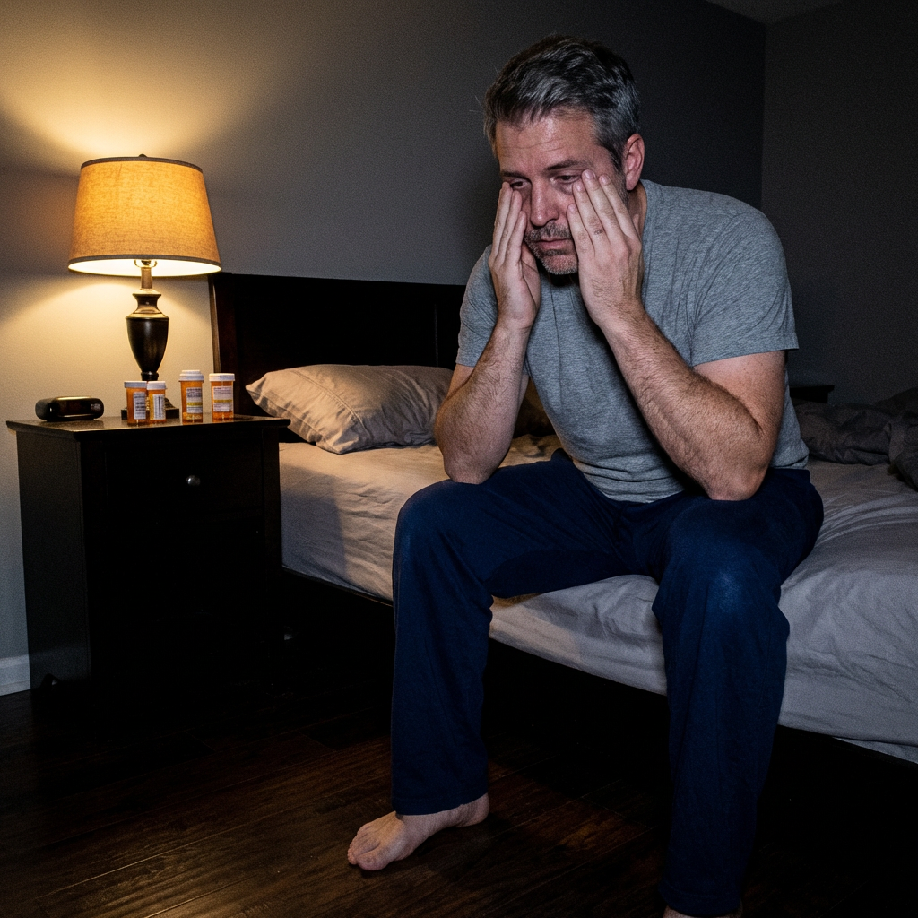 Older person sitting on edge of bed at night, looking exhausted and worried, dimly lit room with pill bottles on nightstand