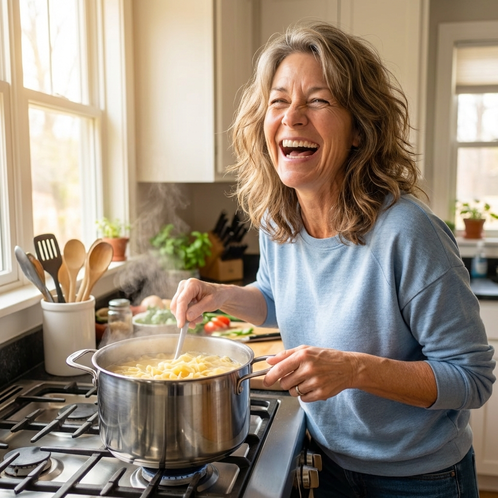 Woman in her 50s laughing in a bright kitchen, cooking comfort food, warm daylight, genuine happiness