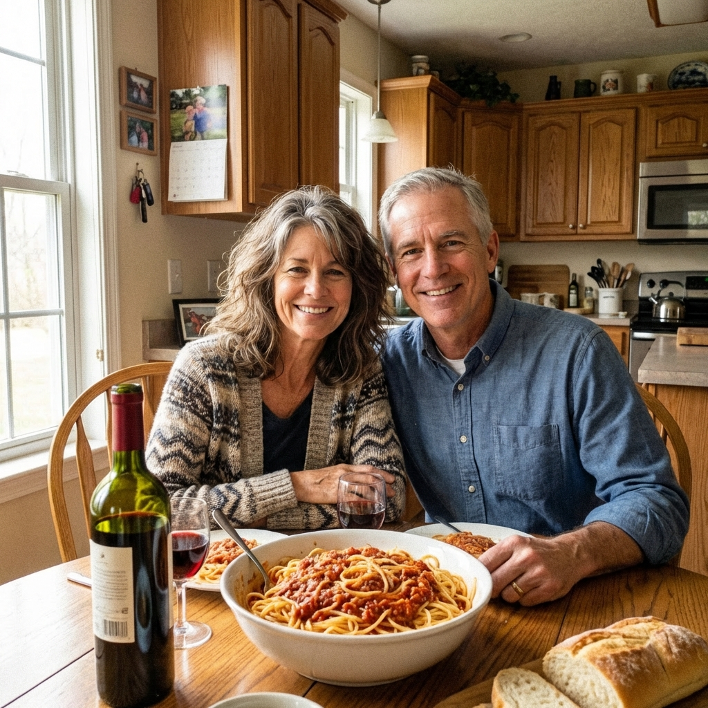 Maggie and me sitting together at a dinner table, smiling, with food in front of us, warm home setting