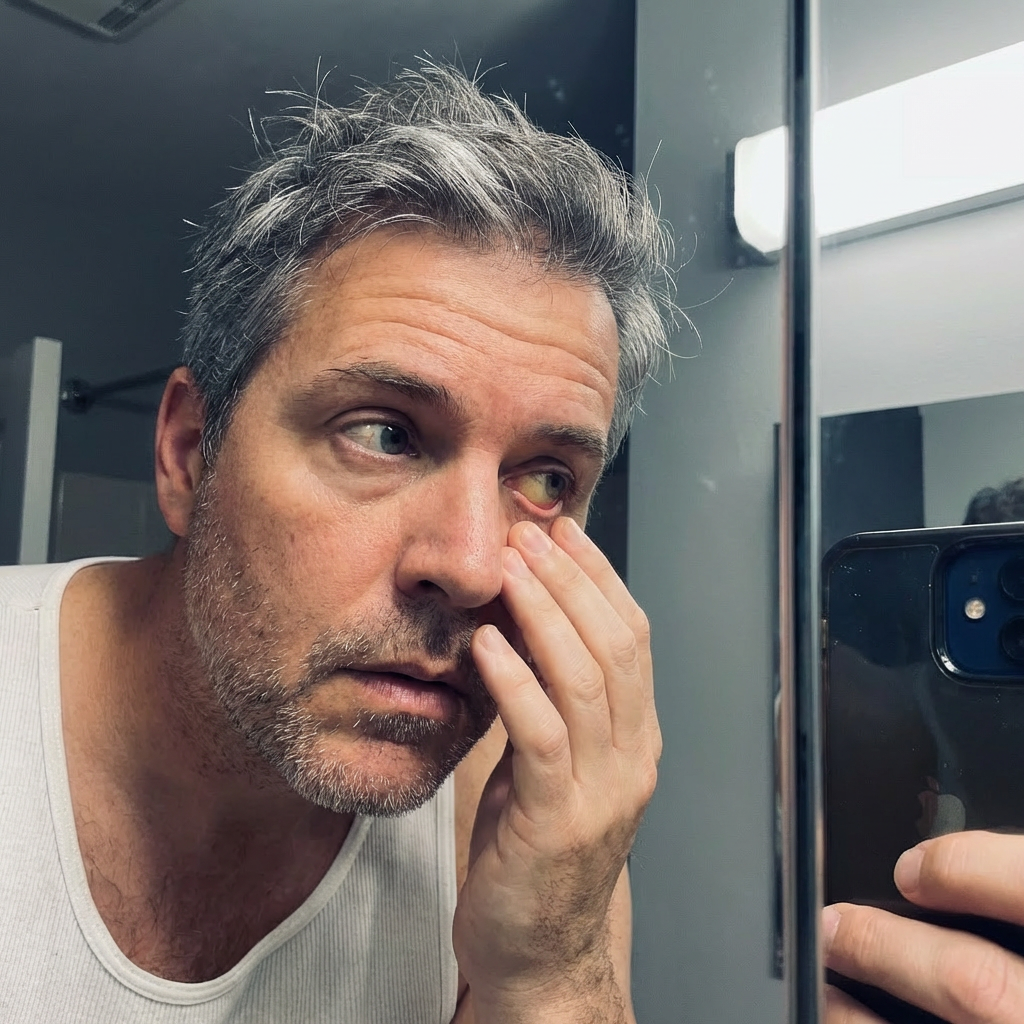 Fletcher looking in bathroom mirror at yellow eyes, early morning