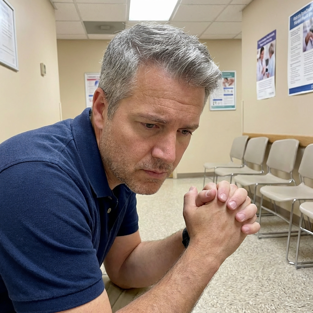Fletcher sitting in doctor's waiting room, hands clasped, worried
