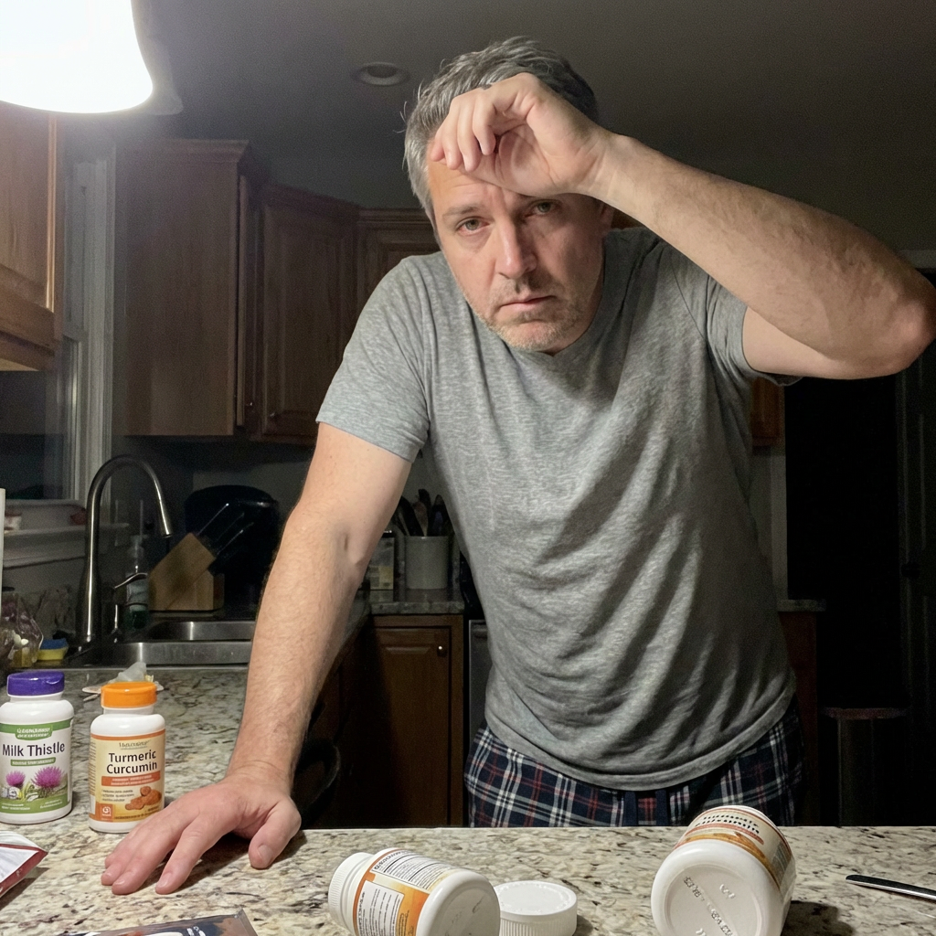 Fletcher exhausted in kitchen at night, supplement bottles on counter
