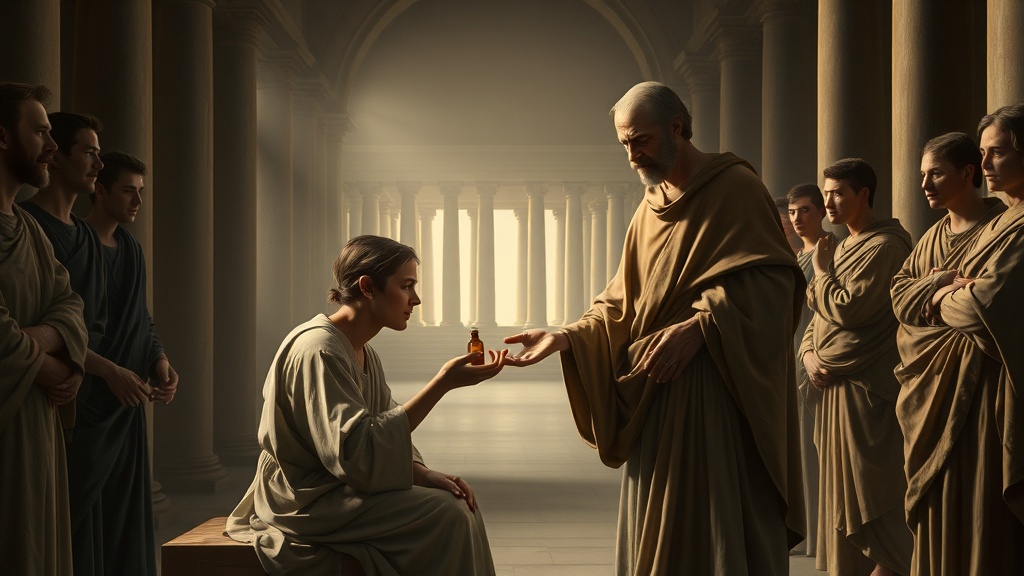 A contemplative, parable-like religious tableau suggesting an exchange of a small vial, rendered in a soft Renaissance style