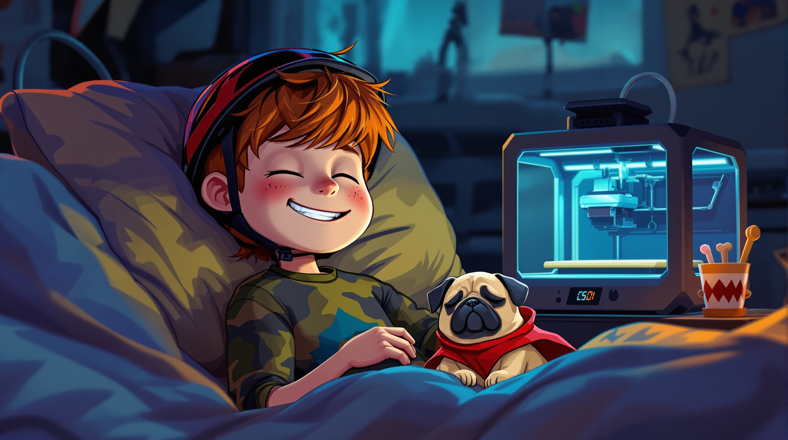 William asleep next to Chomper the 3D printer