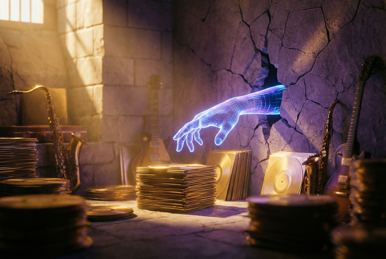 A symbolic illustration of a treasure vault filled with golden vinyl records and musical instruments, with a glowing digital hand reaching through a cracked wall to grab them, dramatic lighting with gold and deep purple tones