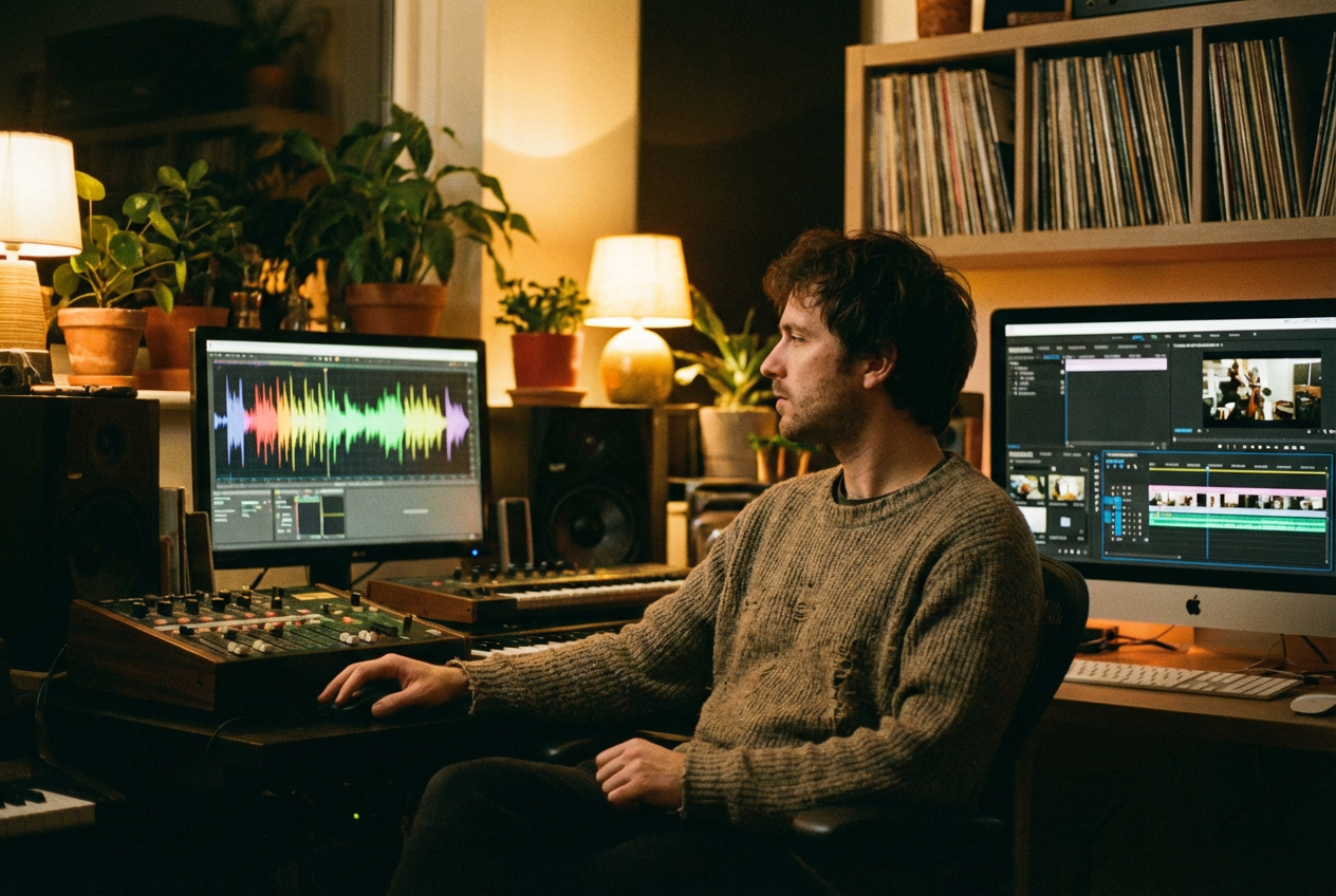 An independent musician sitting in a home studio, looking at dual monitors showing AI waveforms on one screen and a music video editing timeline on the other, warm ambient lighting with plants and vinyl records on shelves, contemplative mood