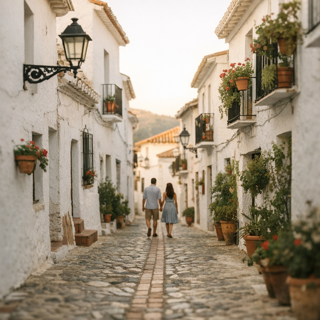 Photorealistic mid-shot of a narrow cobblestone street in a whitewashed Andalusian village, couple walking hand-in-hand in...