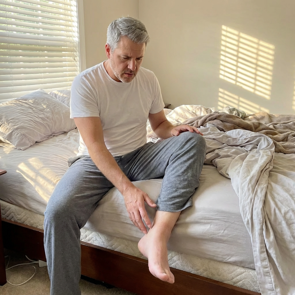 Fletcher sitting on edge of bed looking down at his swollen ankles in morning light