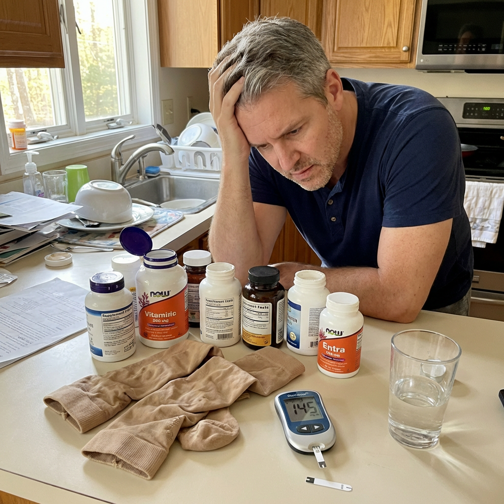 Fletcher at kitchen counter with supplement bottles, compression stockings, and a blood sugar monitor