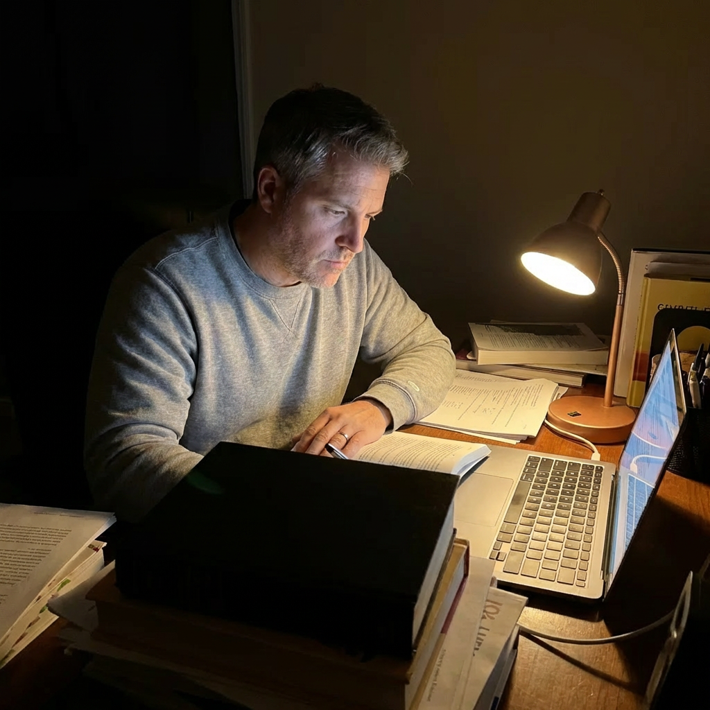 Fletcher reading research papers on laptop at his desk late at night