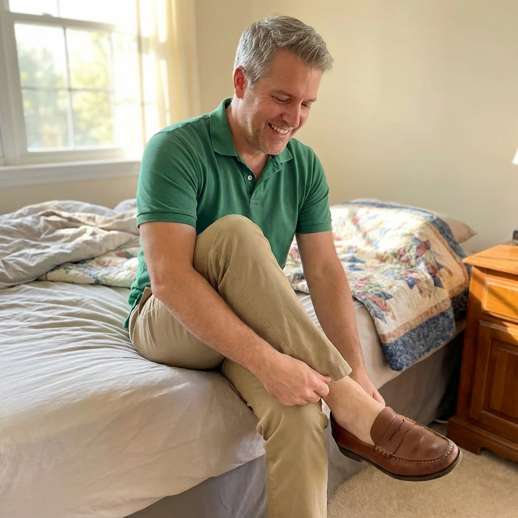 Fletcher putting on his shoes easily, smiling, morning light in bedroom