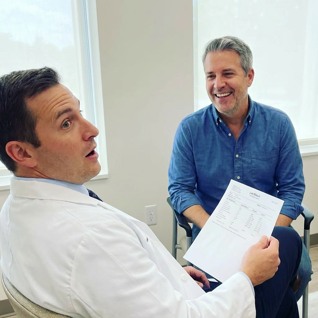 Fletcher smiling in doctor office, doctor looking at results with surprised expression