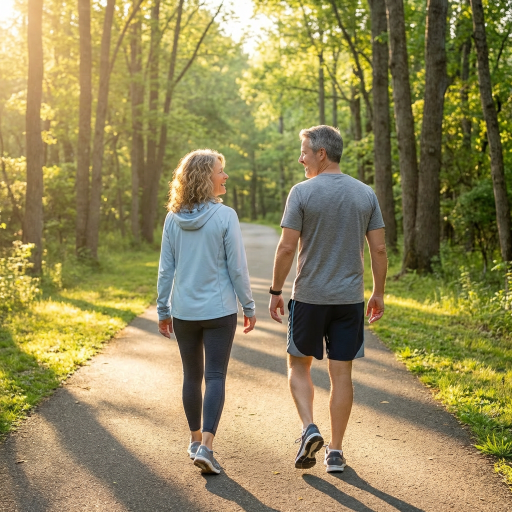 Fletcher and Maggie walking together on a greenway path, healthy and relaxed