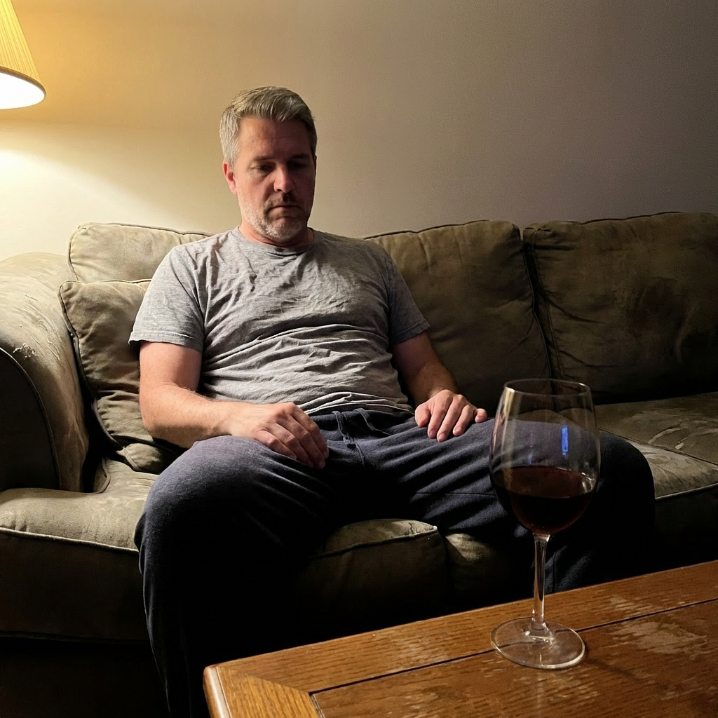 Fletcher sitting alone on a couch at night, looking down, glass of wine on the coffee table