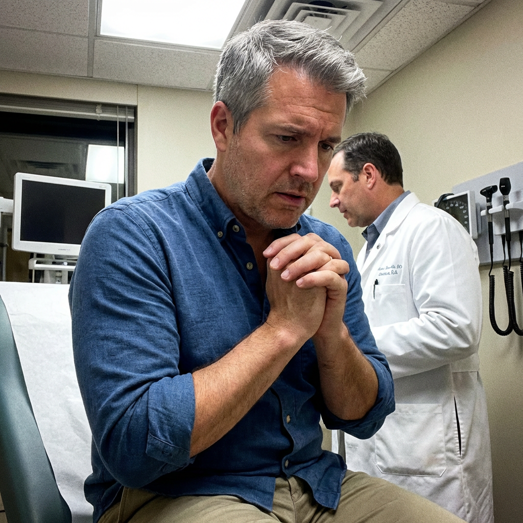 Fletcher in doctor office looking embarrassed while doctor reviews bloodwork