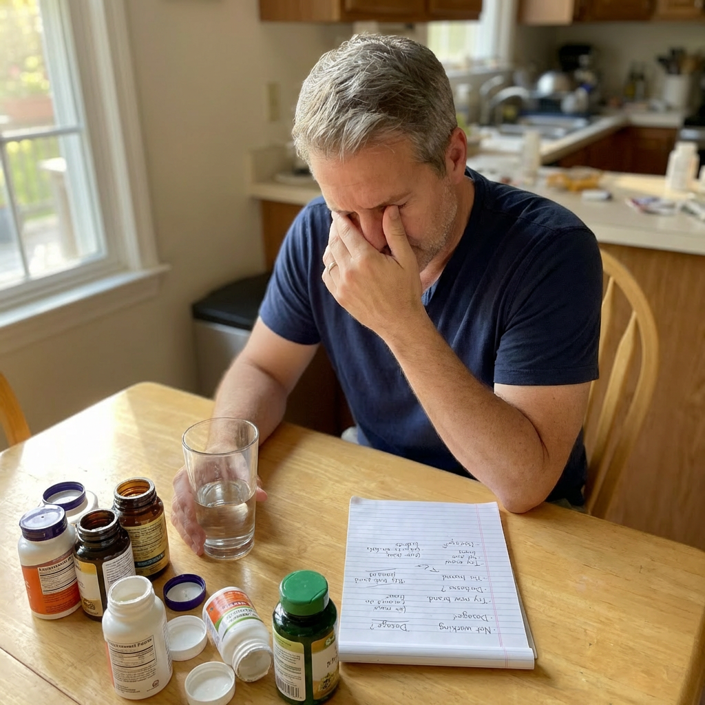 Fletcher at kitchen table with supplement bottles and a glass of water, looking frustrated