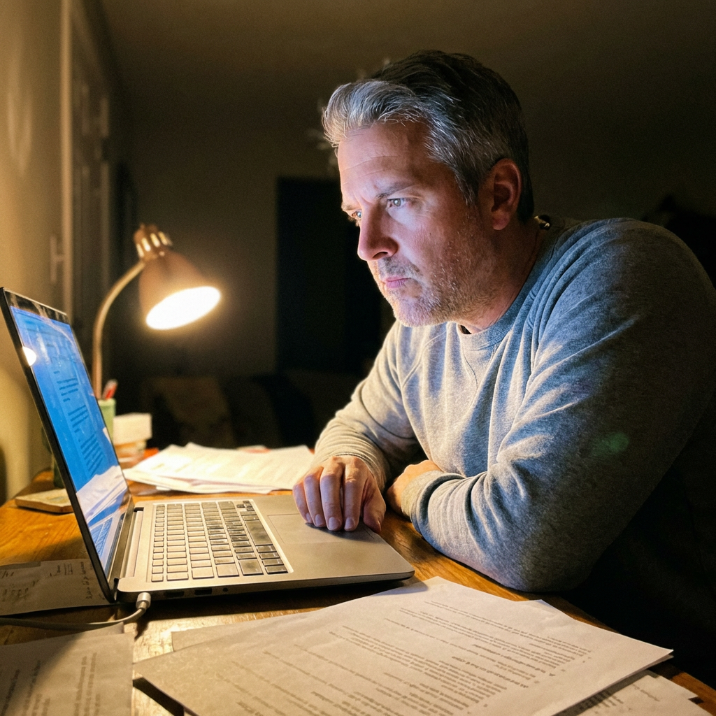 Fletcher reading on laptop late at night at his desk, desk lamp on
