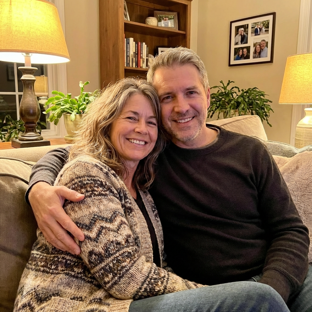Fletcher and Maggie sitting close together on a couch, looking happy and relaxed