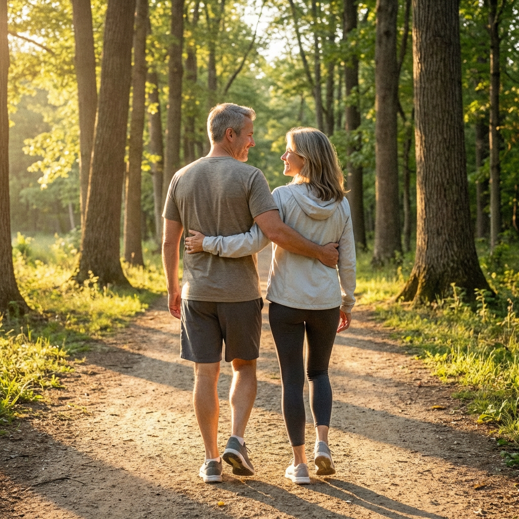 Fletcher and Maggie walking arm in arm on a tree-lined path in golden light